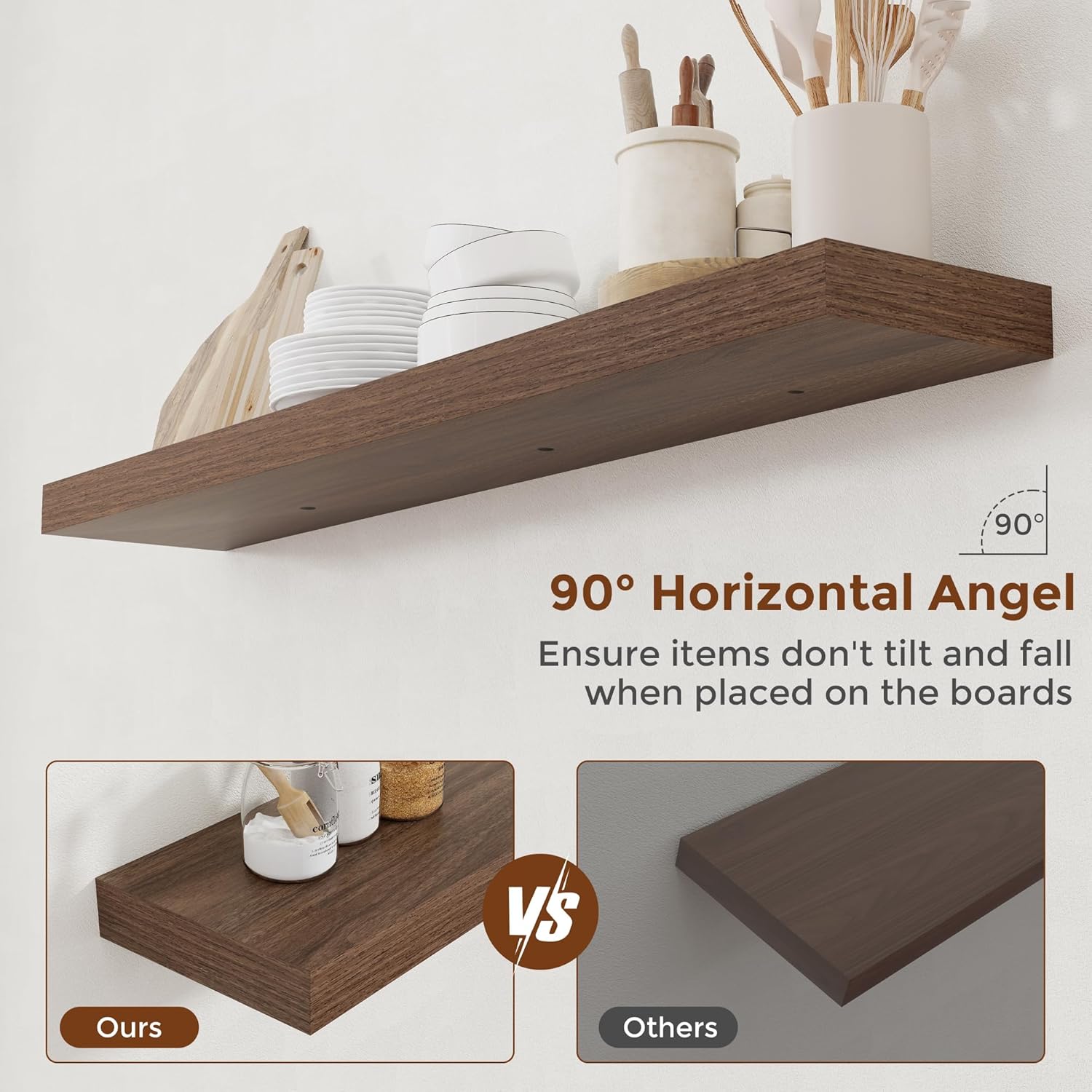 Heimlove 48 Inch Floating Shelves for Wall 8 Inch Deep Walnut Shelves Set of 2,Wall Mounted Rustic