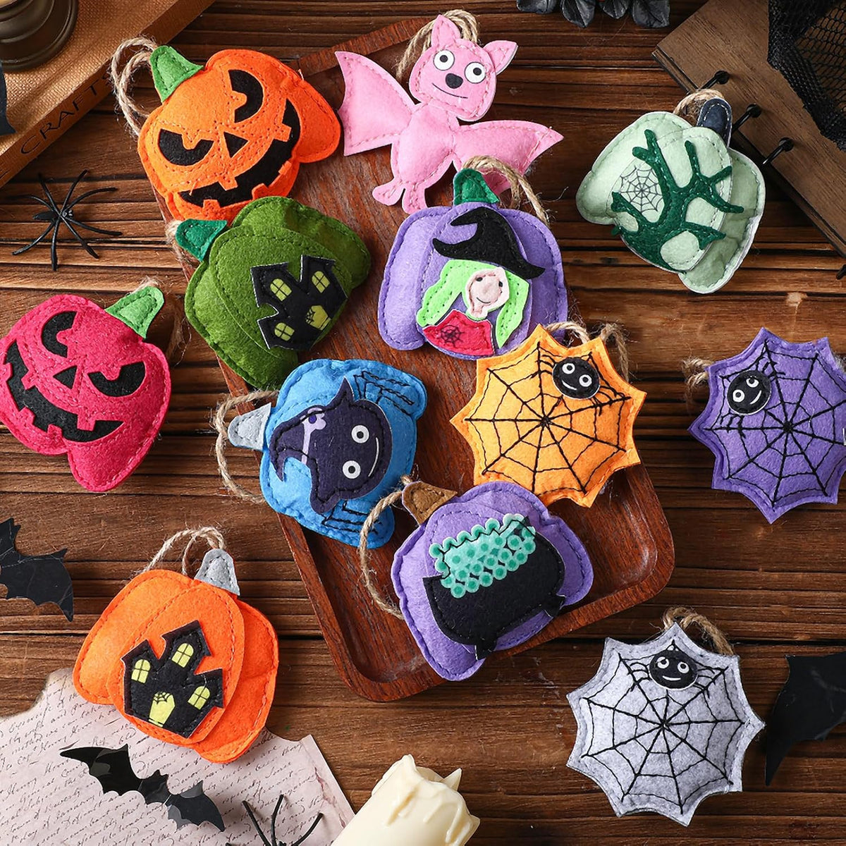 12 Pcs Halloween Felt Ornaments Spooky Pumpkin 3D Hanging Ornaments 3.15 Inch Spider Web Bat Tree