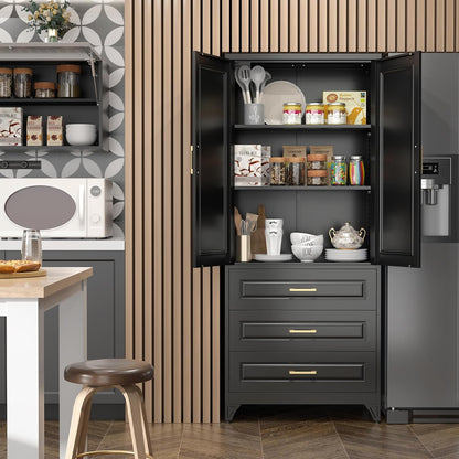 75" Kitchen Pantry Cabinet with 3 Drawers,Metal Storage Cabinets with Doors and 4 Adjustable