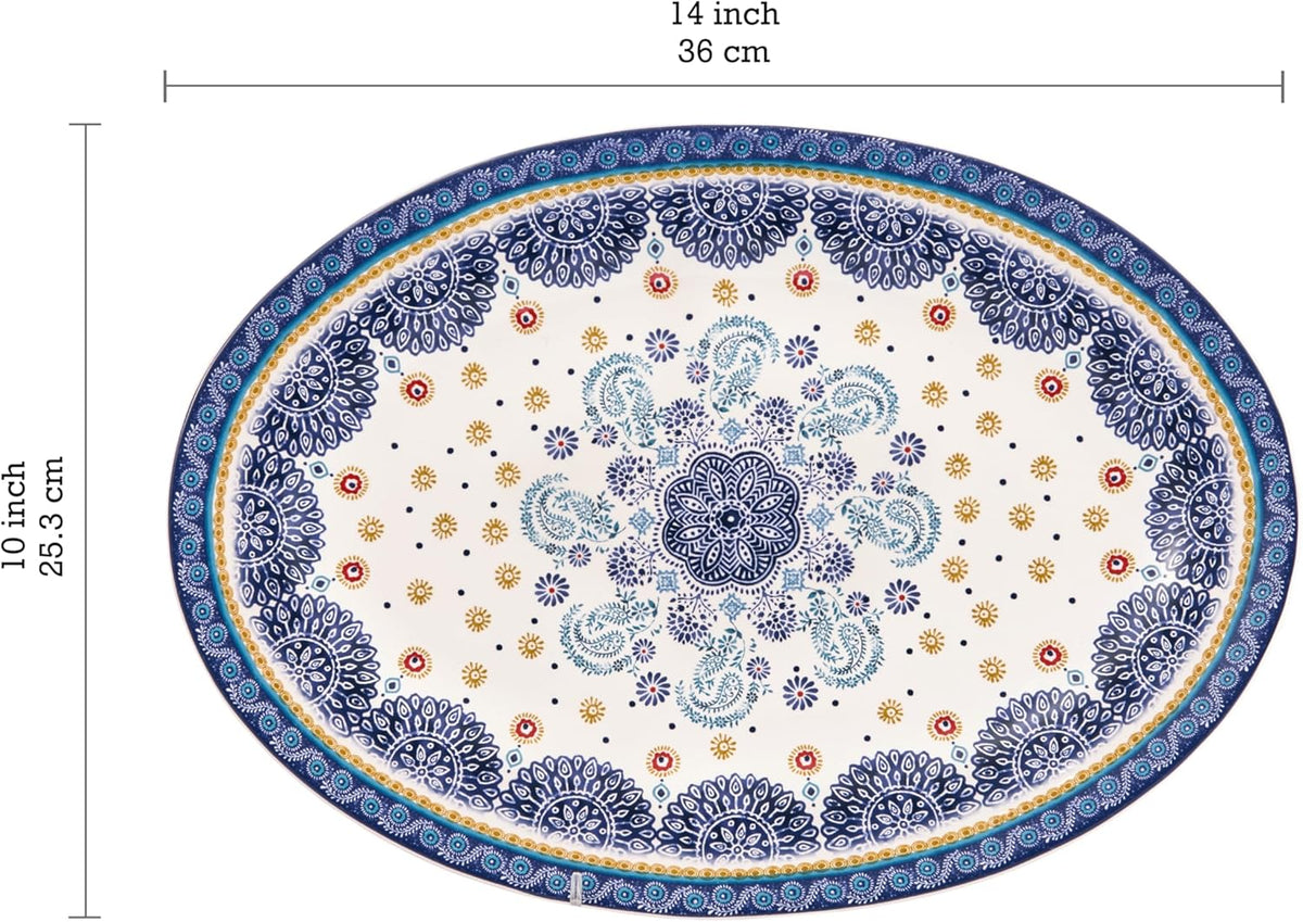 Bico Blue Talavera 16 plus 14 inch Oval Platters Set, Set of 2, Microwave and Dishwasher Safe, for