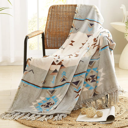 CASAAGUSTO Boho Throw Blanket - Green and Beige Decorative Blankets with Tassel, Printed Flannel