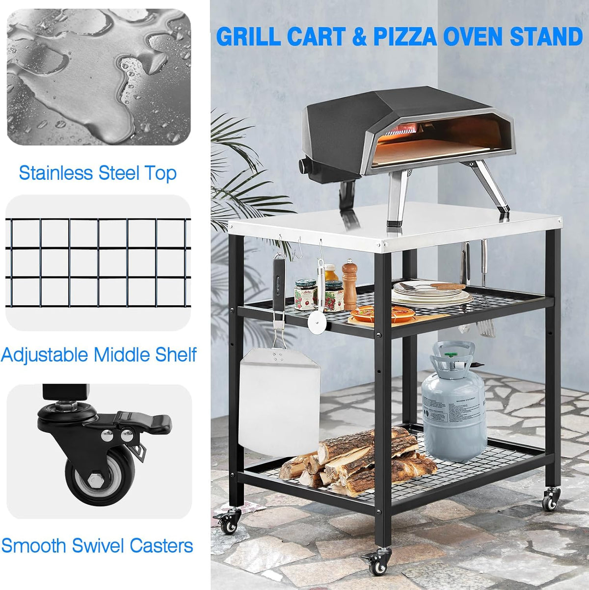 Stainless Steel Outdoor Grill Cart Pizza Oven Stand Trolley Table with Wheels Three-Shelf Movable