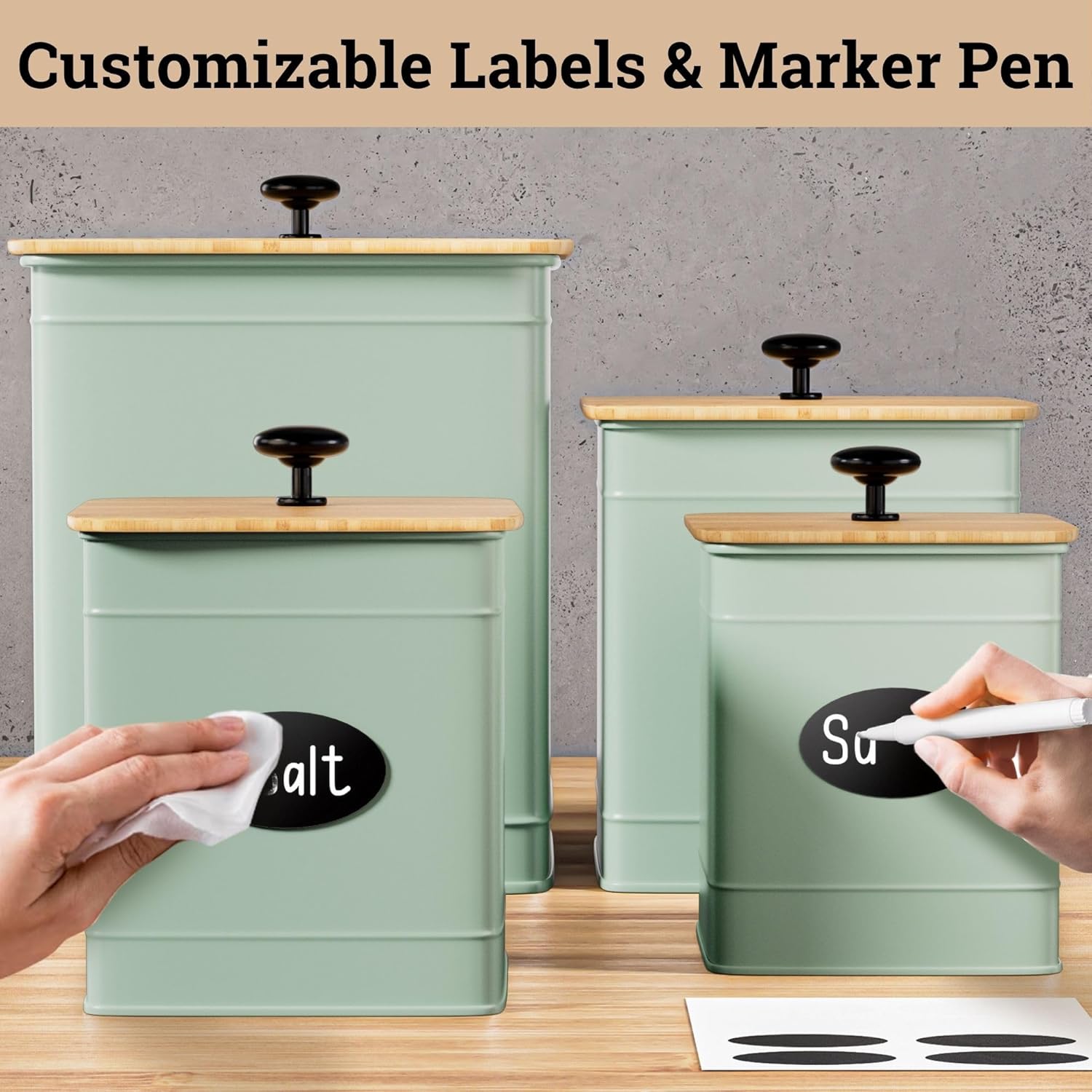 Kitchen Canisters for Countertop Set of 4 with Customizable Chalkboard Labels & Marker Pen - Big
