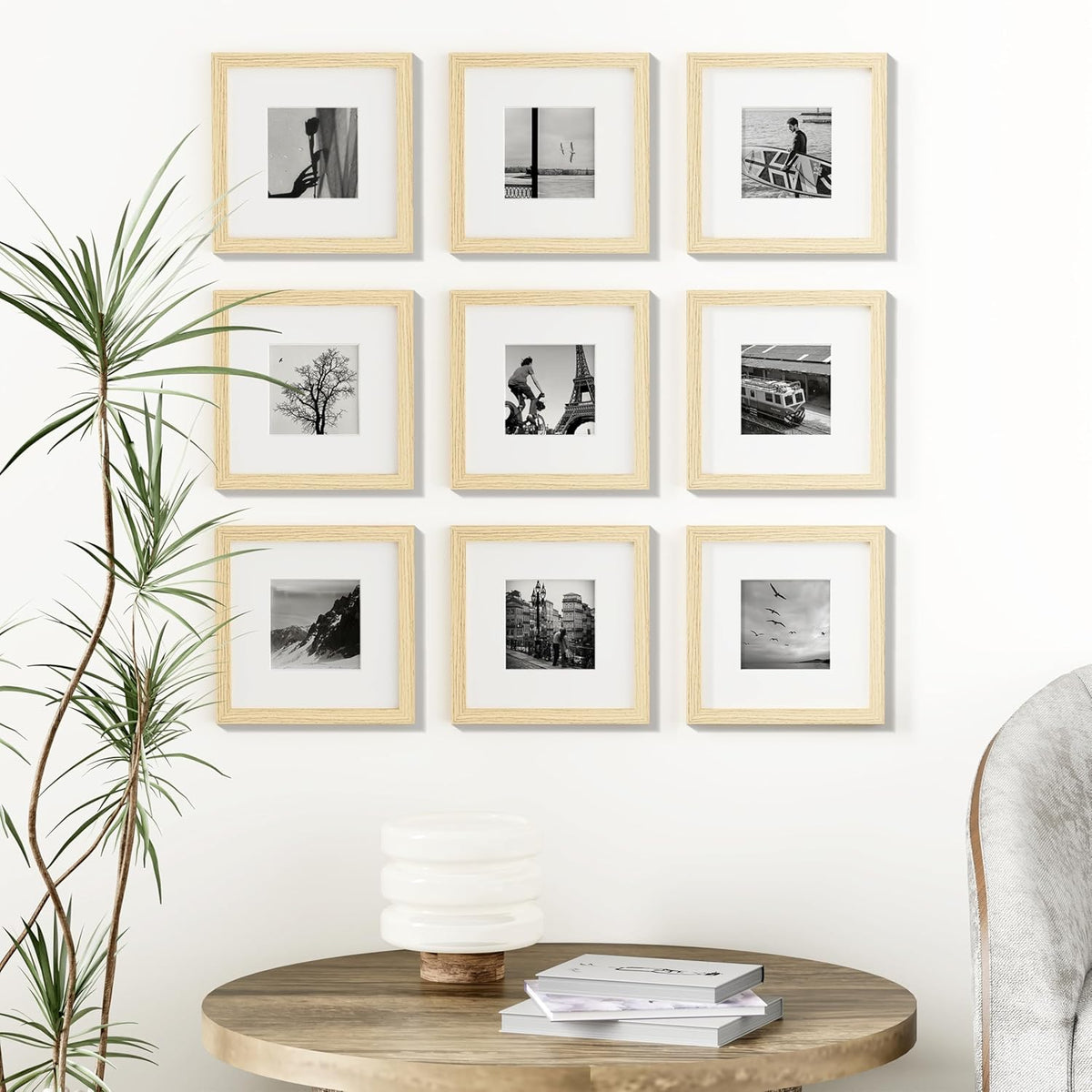 Vittanly 8x8 Picture Frames Set of 9, Shatter Resistant Plexiglass, Display 4x4 Pictures with Mat