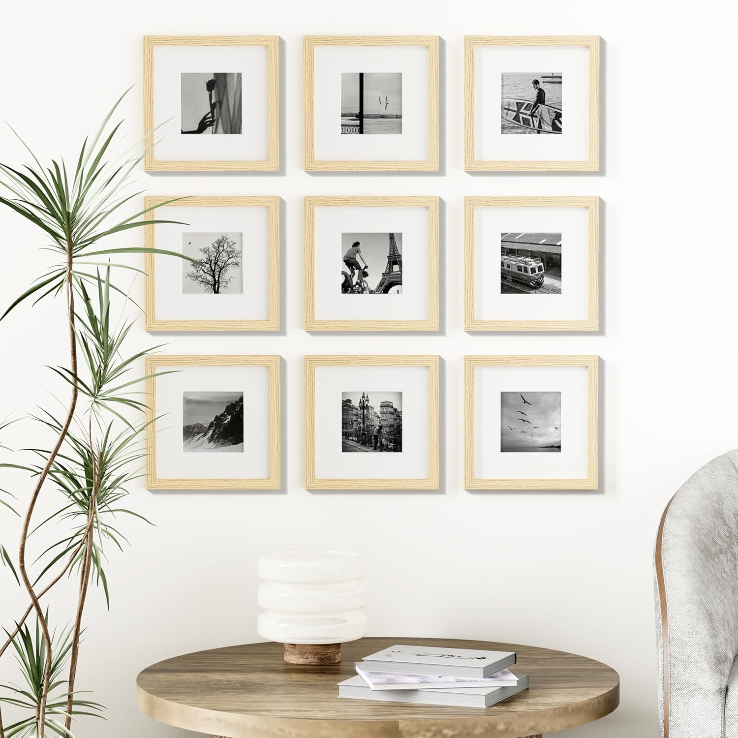 Vittanly 8x8 Picture Frames Set of 9, Shatter Resistant Plexiglass, Display 4x4 Pictures with Mat