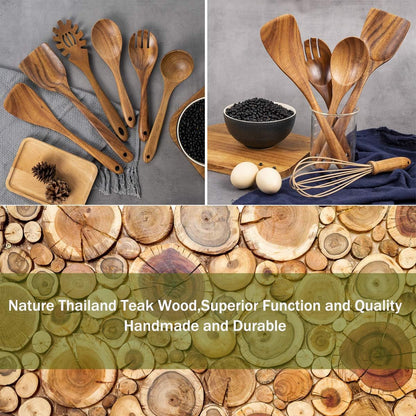 AIUHI 10 Pack Wooden Spoons for Cooking, Teak Wood Kitchen Utensils Set for Non Stick Use, Spatula