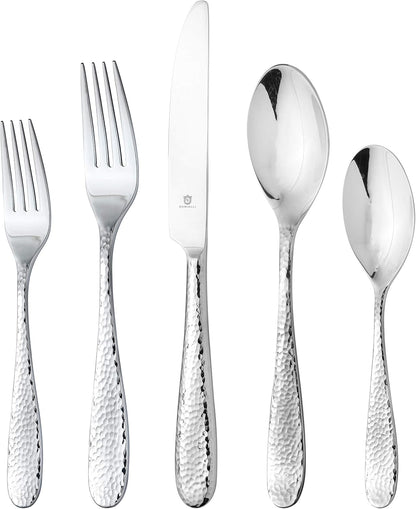 Hammered Silverware Set | Premium 18/10 Stainless Steel Flatware Service for 8 | Heavy-Duty &