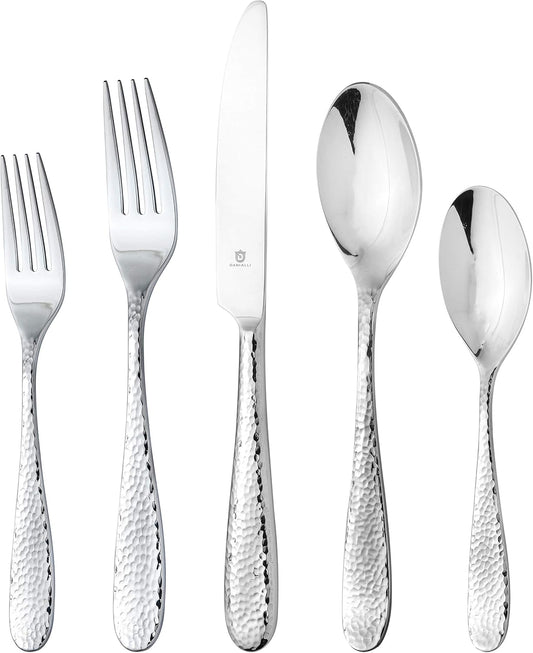 Hammered Silverware Set | Premium 18/10 Stainless Steel Flatware Service for 8 | Heavy-Duty &