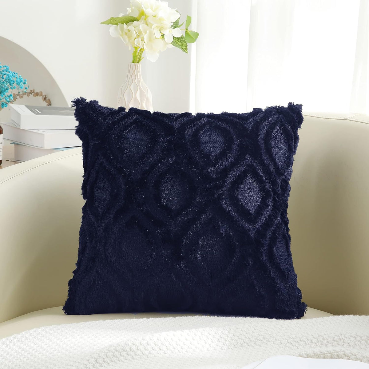 decorUhome Fall Throw Pillow Covers 26x26 Inch Set of 2, Soft Plush Decorative Faux Fur Navy Blue