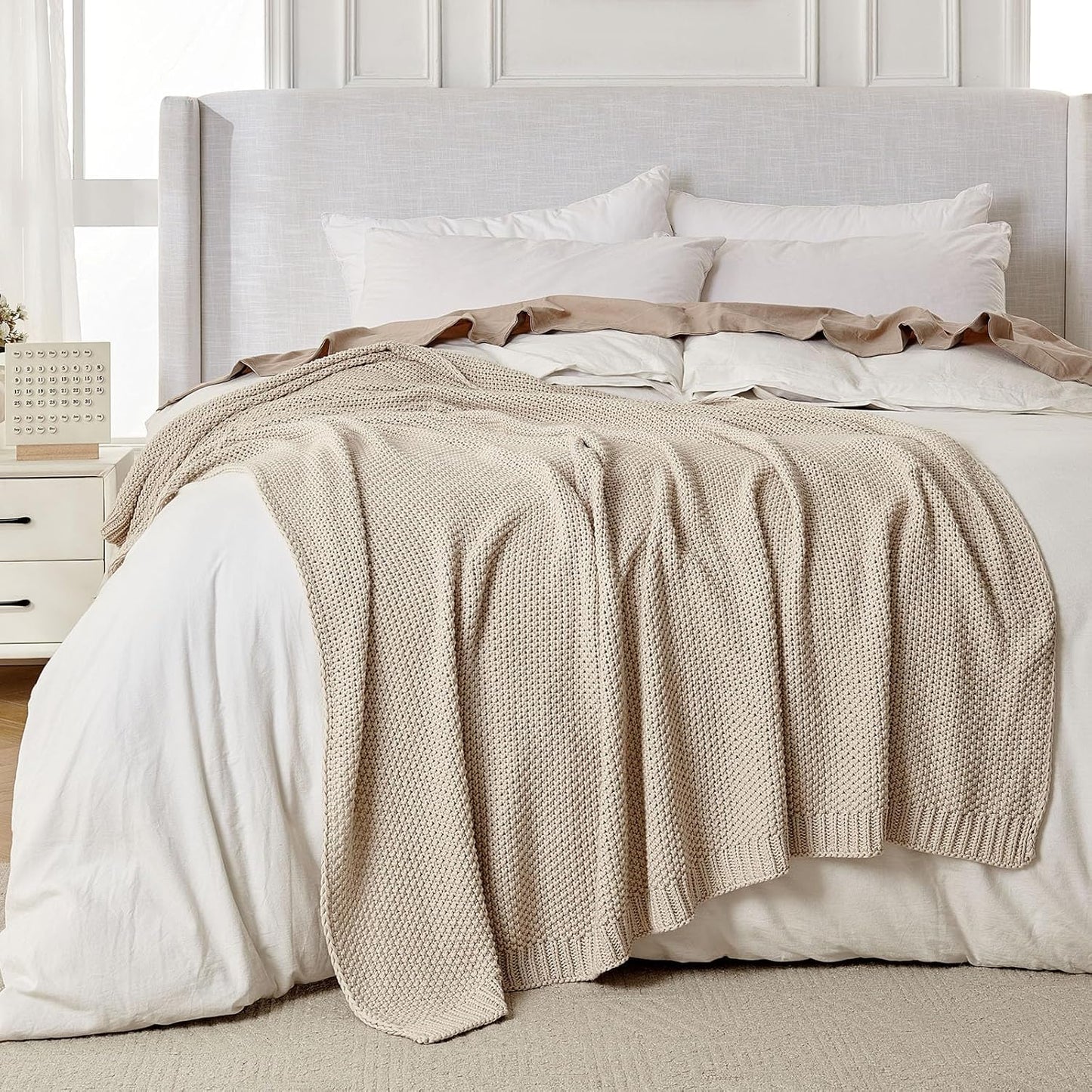 Joydeco Chunky Cable Knit Throw Blanket, Lightweight 100% Organic Cotton Soft Cozy Throw Twin
