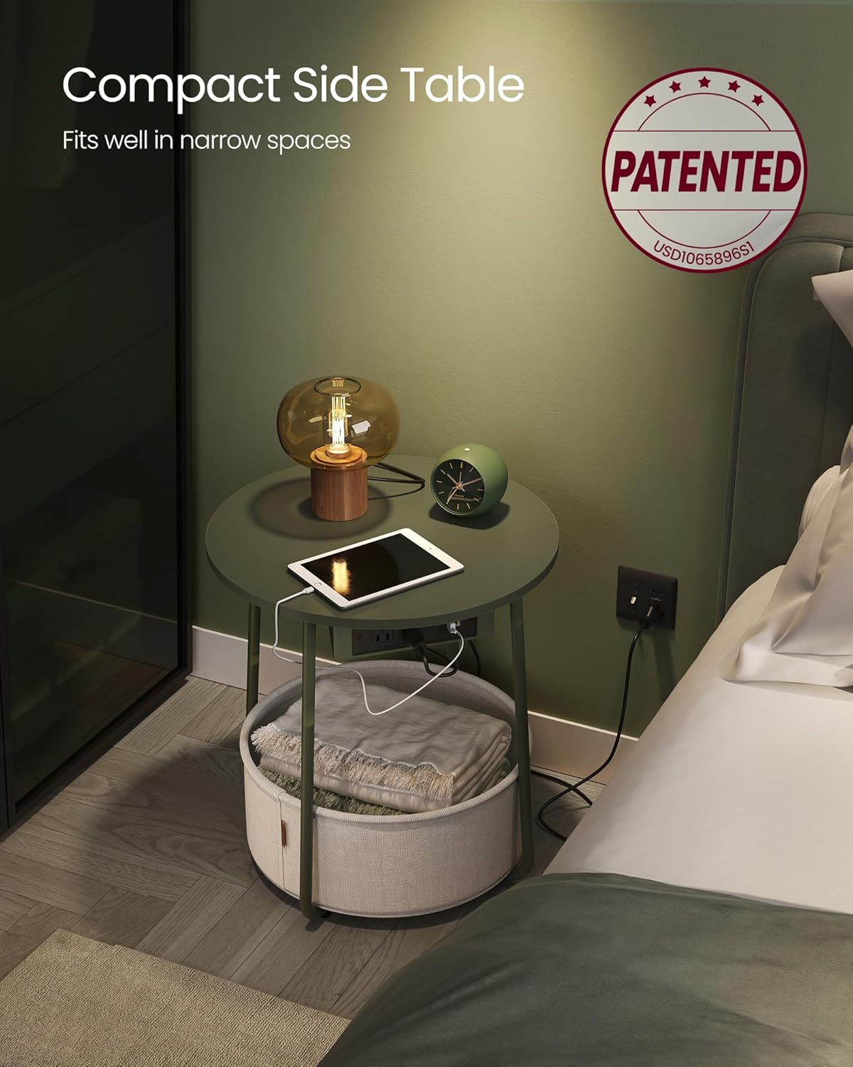 VASAGLE Side Table with Charging Station, Round End Table with Fabric Basket, Nightstand with Power