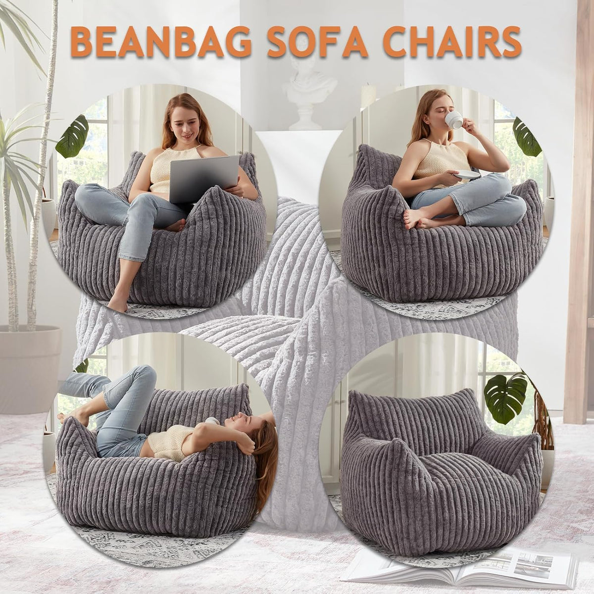 Giant Bean Bag Chairs for Adults with Filling Plush Fluffy Bean Bag Chairs for Teens with Armrests