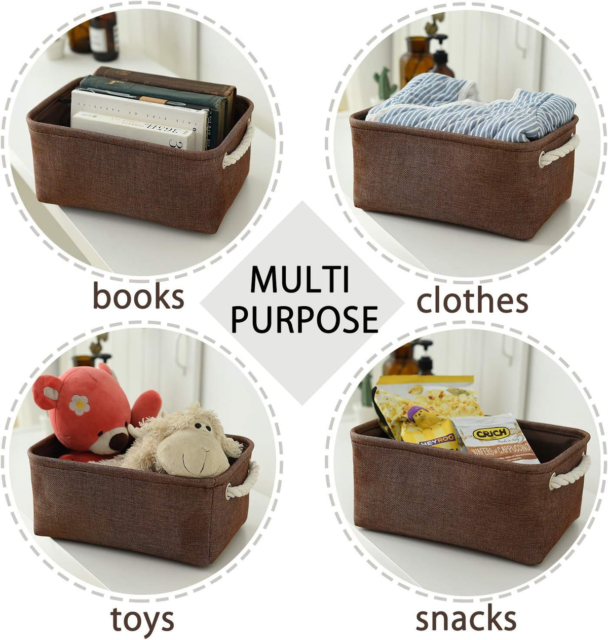 TheWarmHome Small Fabric Canvas Storage Bin with Cotton Rope Handles - Foldable Empty Basket for