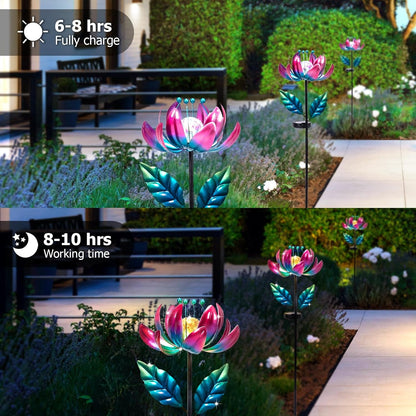 Solar Purple Metal Flower Wind Spinners, Colorful Spinning Windmill Lotus Yard Art Lights Wind