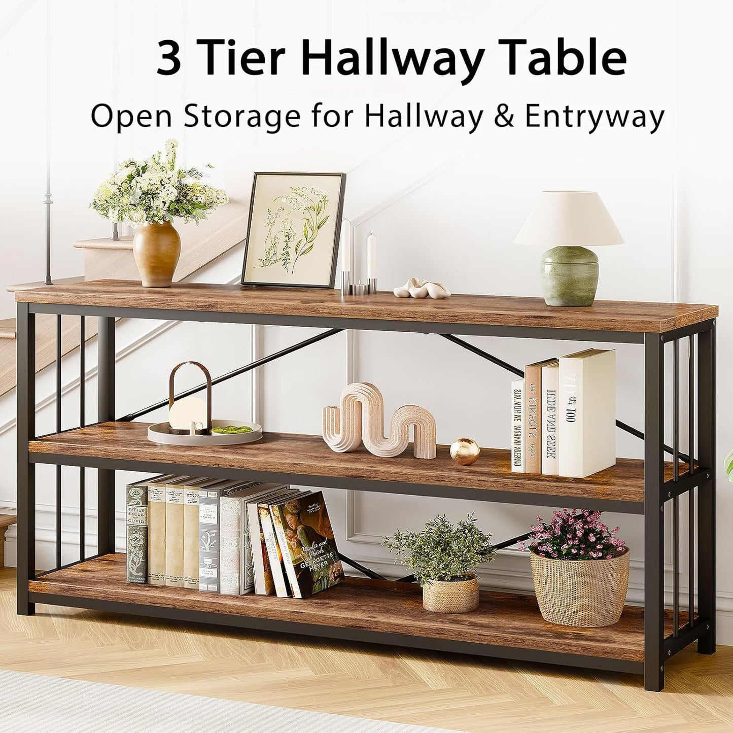 LVB Rustic Entryway Table, Industrial Extra Long Hallway Sofa Table, Wood Metal Narrow Console