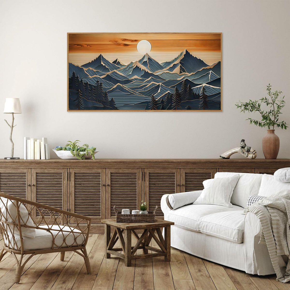 Tinonedraw Metal Mountain Framed Canvas Wall Art, Boho Mountains Forest Artworks, Mid Century