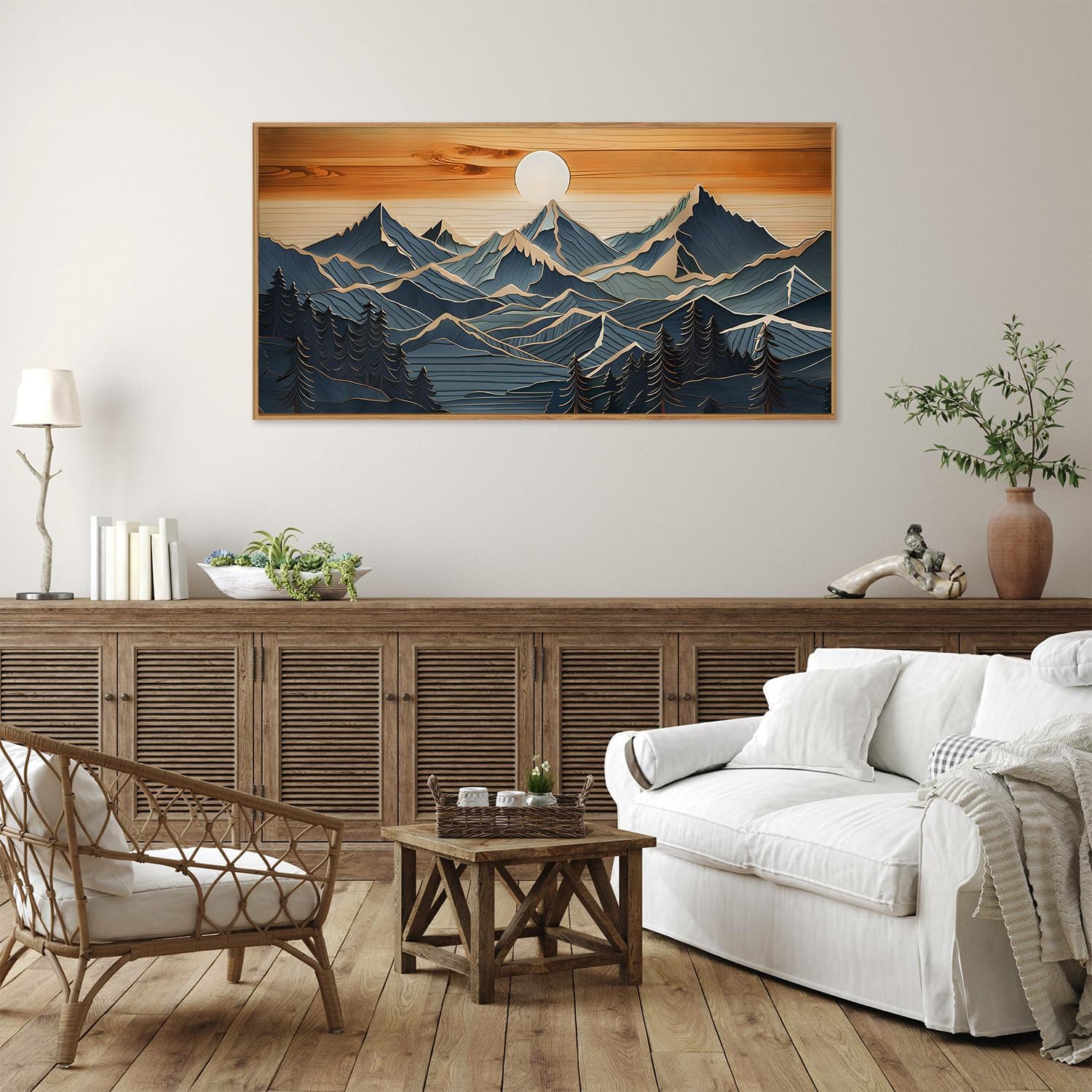 Tinonedraw Metal Mountain Framed Canvas Wall Art, Boho Mountains Forest Artworks, Mid Century
