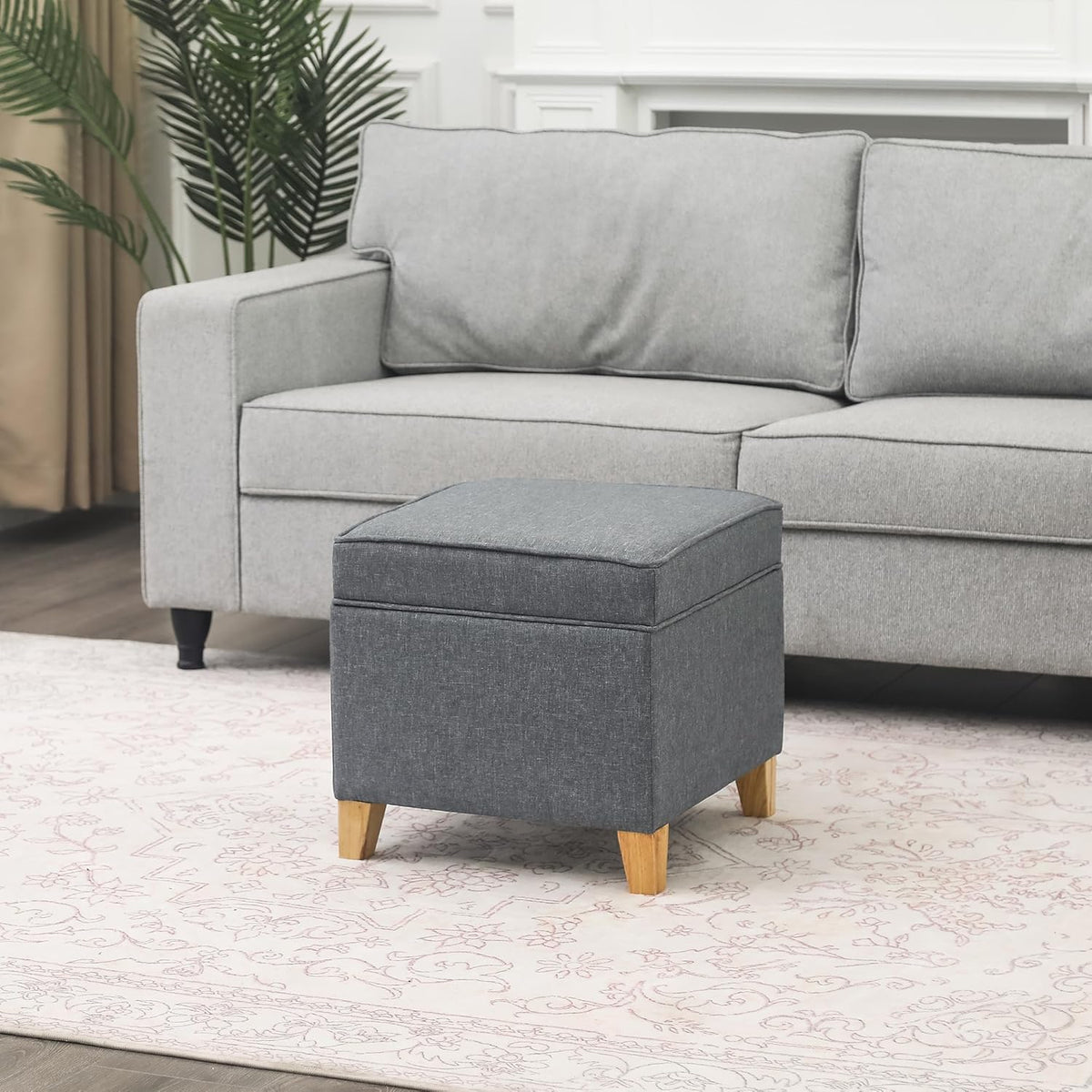 Adeco 17.5" Square Fabric Ottoman with Storage, Upholstered Cotton Linen Foot Rest, Flip Top
