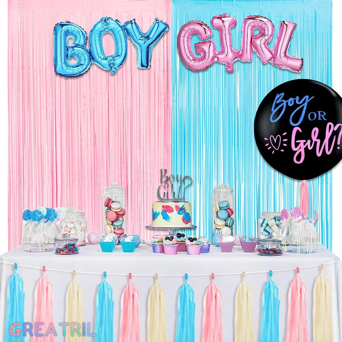 Pink and Blue Party Photo Backdrop - GREATRIL Foil Fringe Tinsel Streamers for