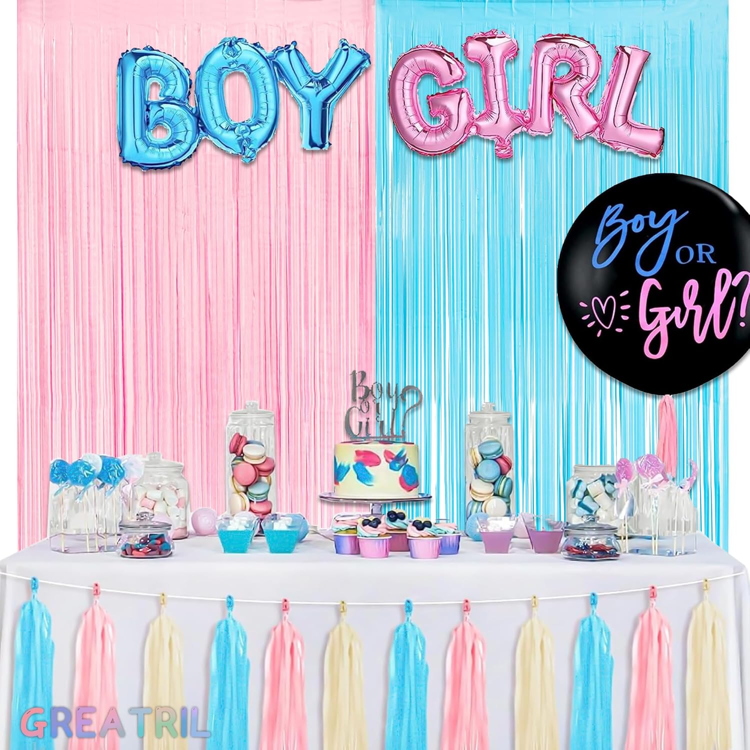 Pink and Blue Party Photo Backdrop - GREATRIL Foil Fringe Tinsel Streamers for