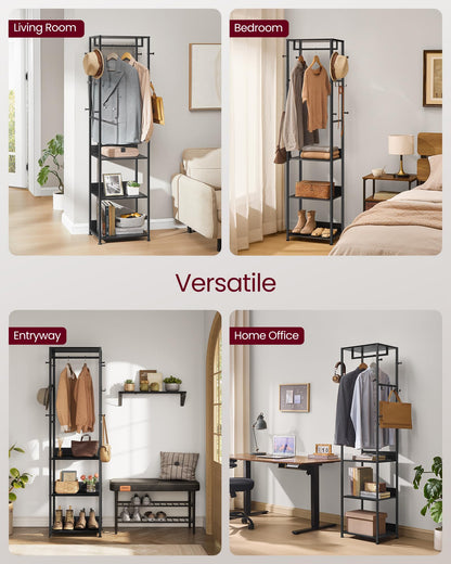 VASAGLE Coat Rack, Freestanding Hall Tree with Shelves, Hanging Rail, and Hooks, Space-Saving Coat