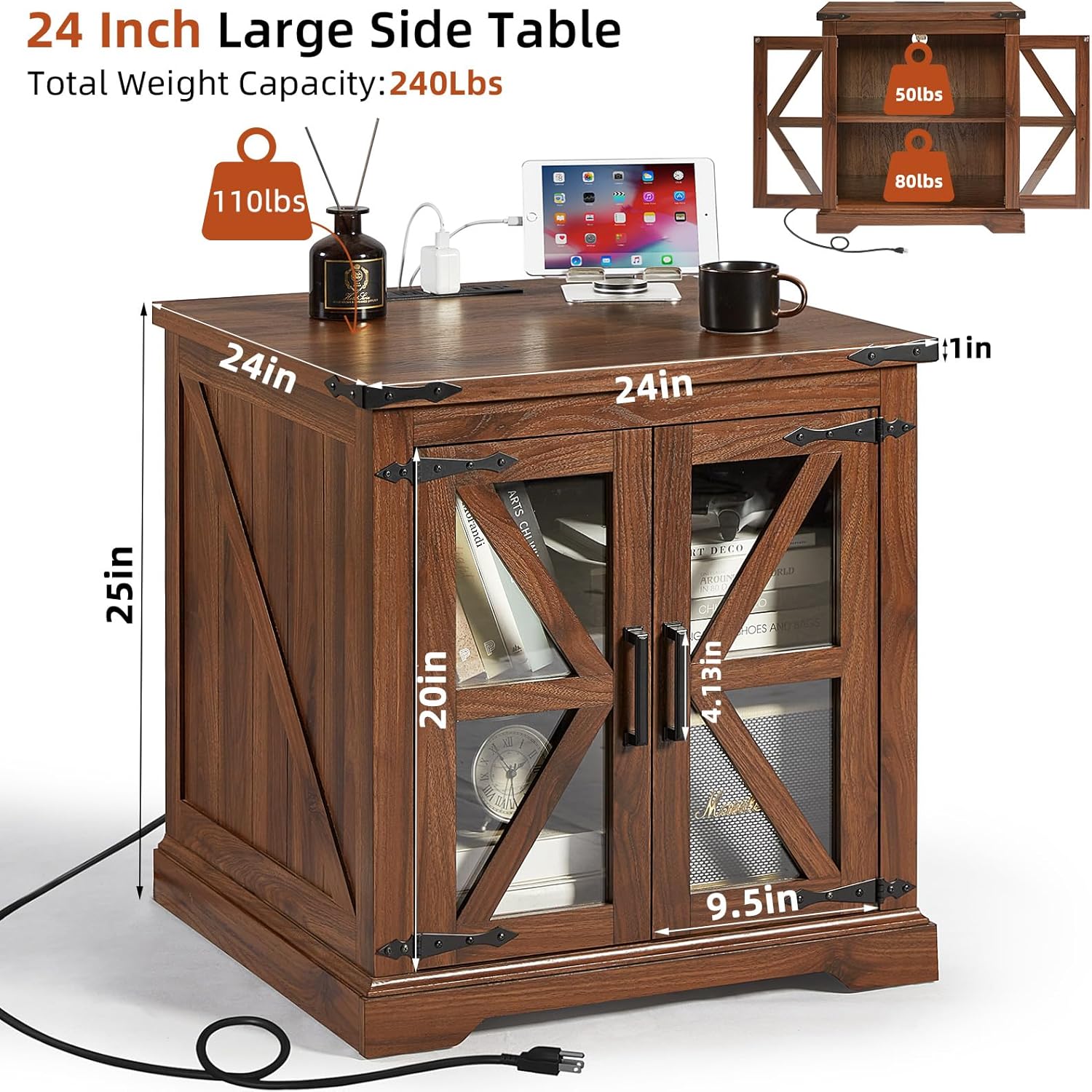 24" End Table with Charging Station, Farmhouse Night Stand with Glass Barn Door, Green Nightstands