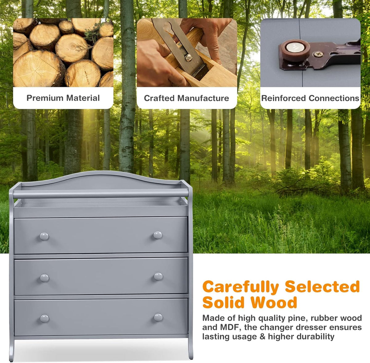 Costzon 3-Drawer Changing Table, Infant Diaper Changing Station with Drawers, Safety Rails & Strap
