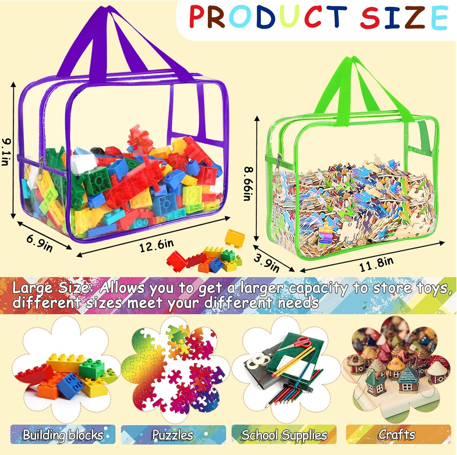 6 Colors Large Toy Storage Bags with Labels, Reusable Clear PVC Board Game Storage, Travel