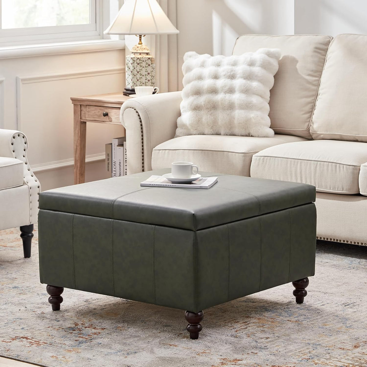 HUIMO Square Leather Storage Ottoman,Ottoman Coffee Table with Storage for Living Room
