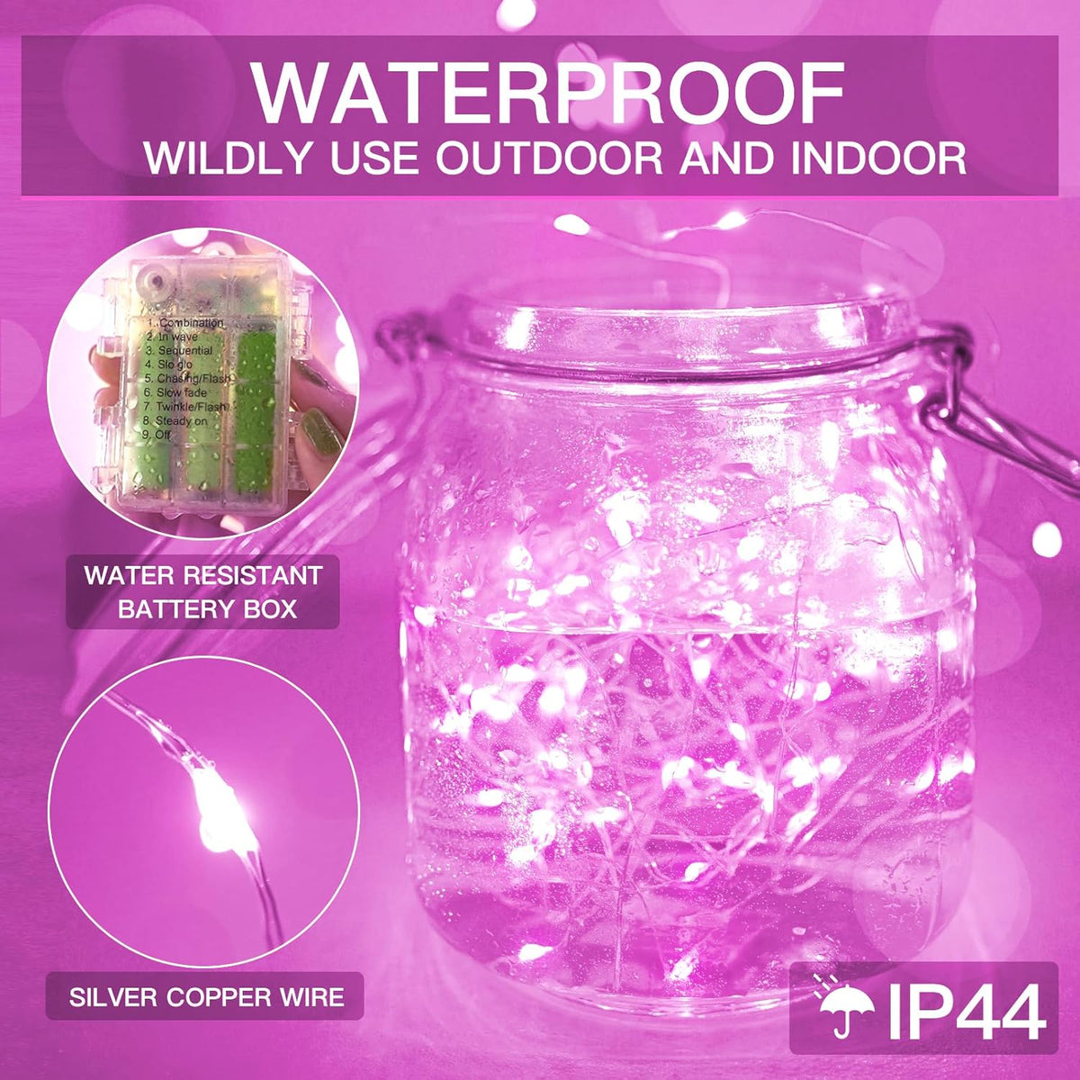 suddus Pink Fairy Lights Battery Operated Outdoor Waterproof, 33ft 100 Led String Lights with