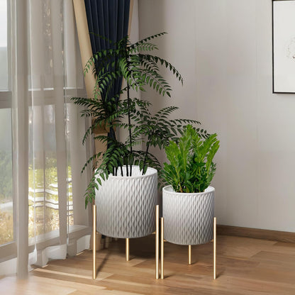 ARNIS Plants Pots with Stand,Set of 2 Flower Pots, Unique Mid Century Decorative Metal Flower Pots