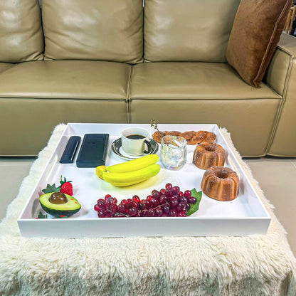 White Rectangular 18x20 Inches Acrylic Ottoman Tray Decorative Serving Tray with Cutout Handles