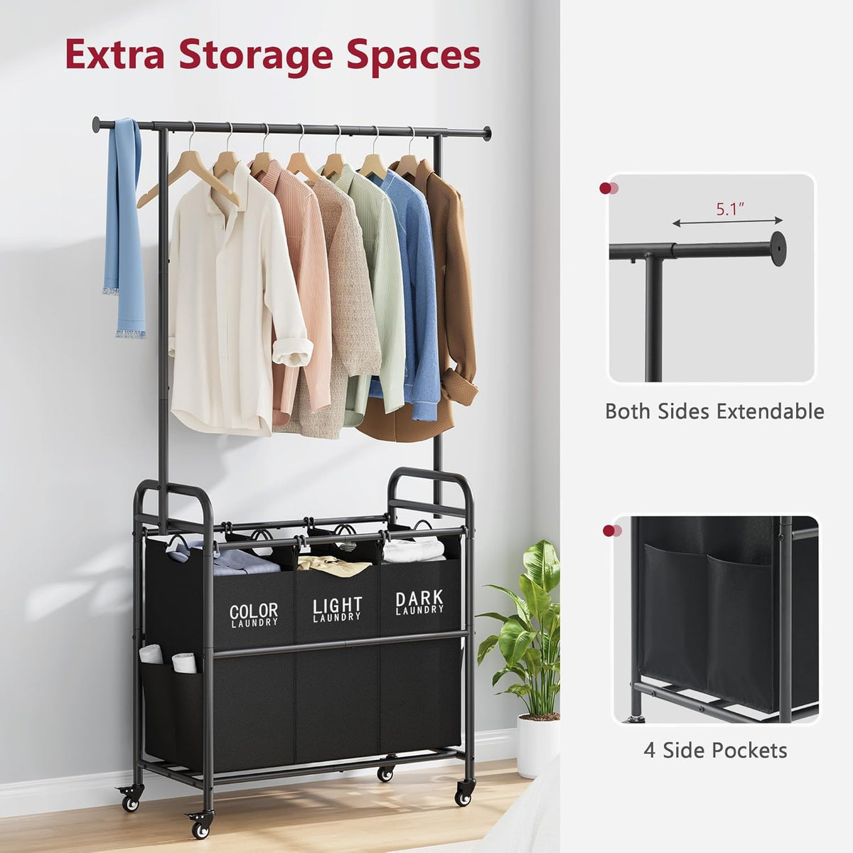 Tajsoon Laundry Sorter Cart with Hanging Rack, Laundry Sorter 3 Section, Laundry Hamper with Heavy