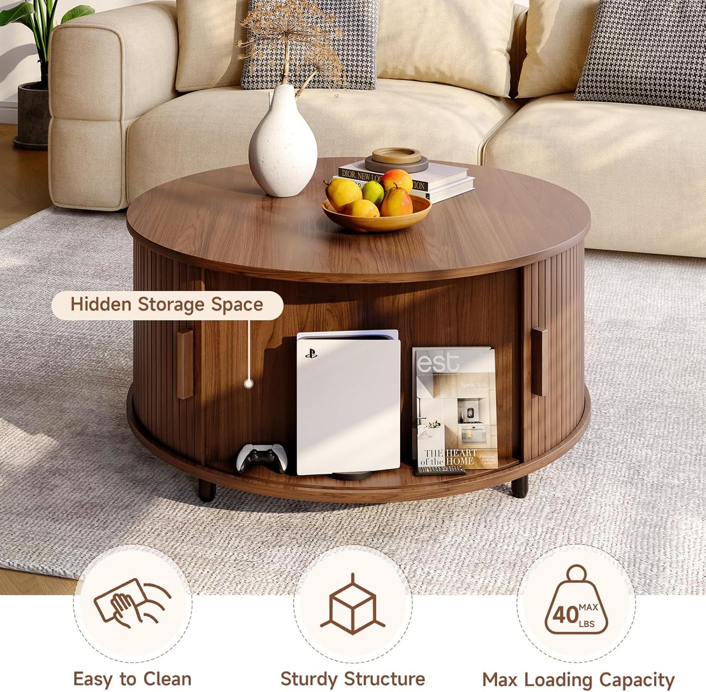 Round Coffee Table with Storage, 31.5" Modern Coffee Table with 360° Curved Sliding Door, Fluted