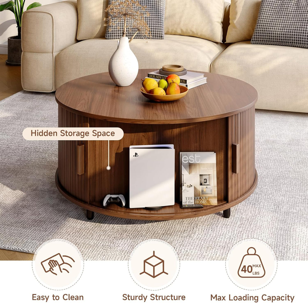 Round Coffee Table with Storage, 31.5" Modern Coffee Table with 360° Curved Sliding Door, Fluted