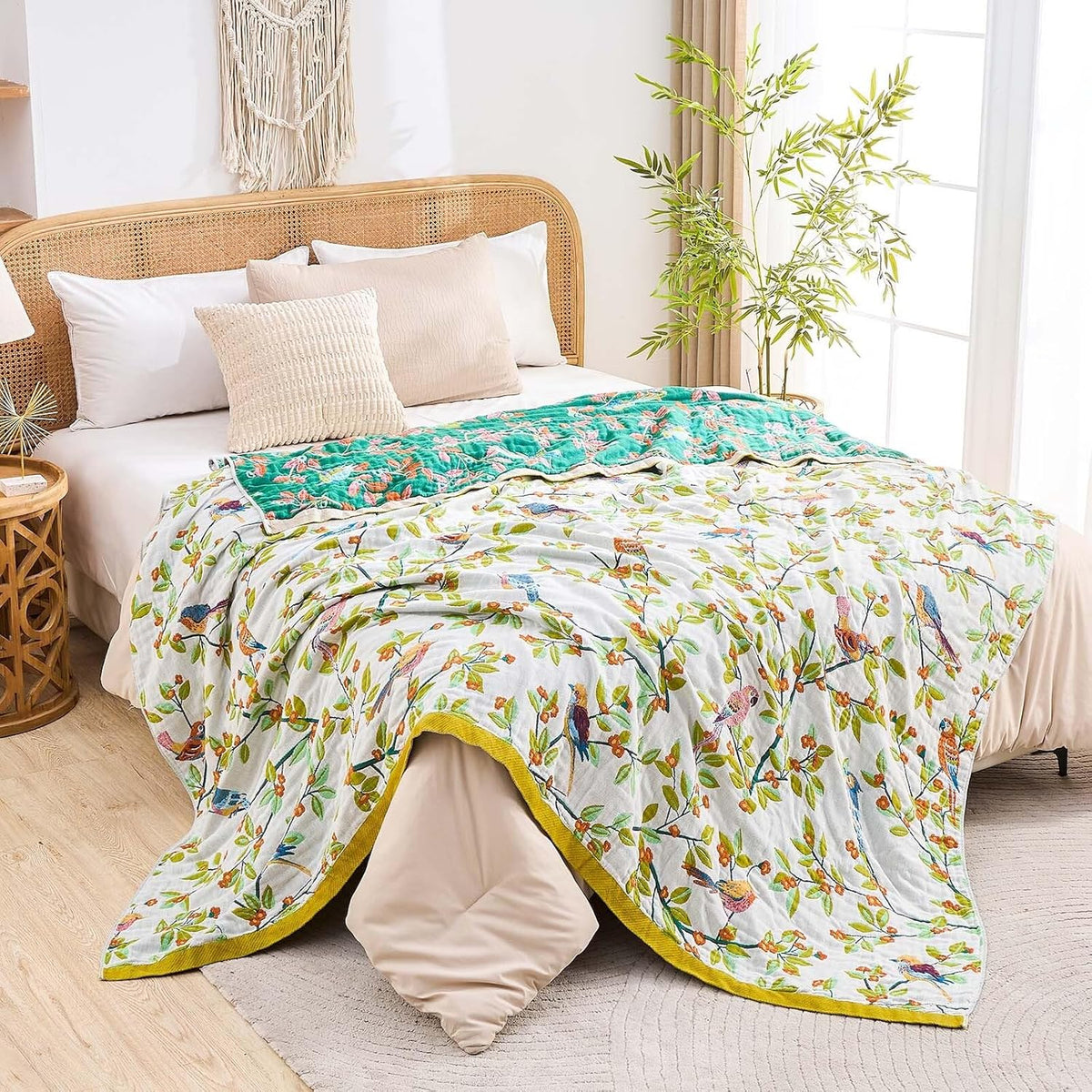 Boho Throw Blanket for Bed, 100% Cotton Soft Rustic Quilt Fall Blanket, 80"x90" Floral Printed