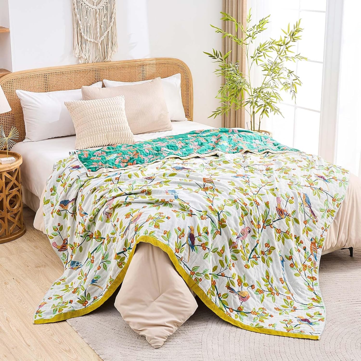 Boho Throw Blanket for Bed, 100% Cotton Soft Rustic Quilt Fall Blanket, 90"x98" Floral Printed