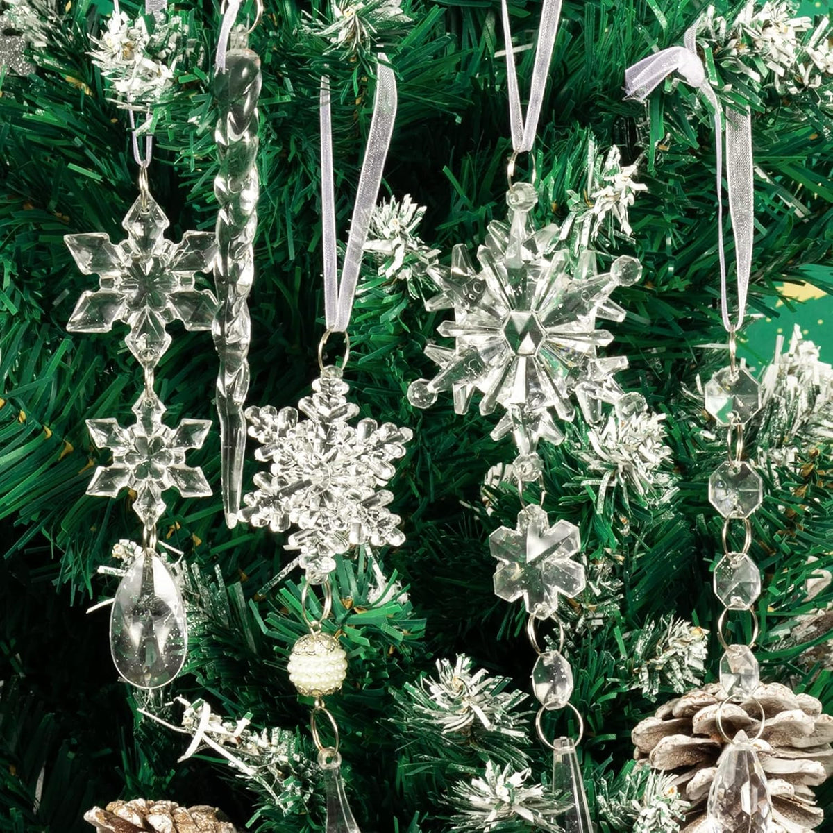 18pcs Christmas Tree Decoration Crystal Ornaments - Hanging Acrylic Christmas Snowflake Icicle Drop