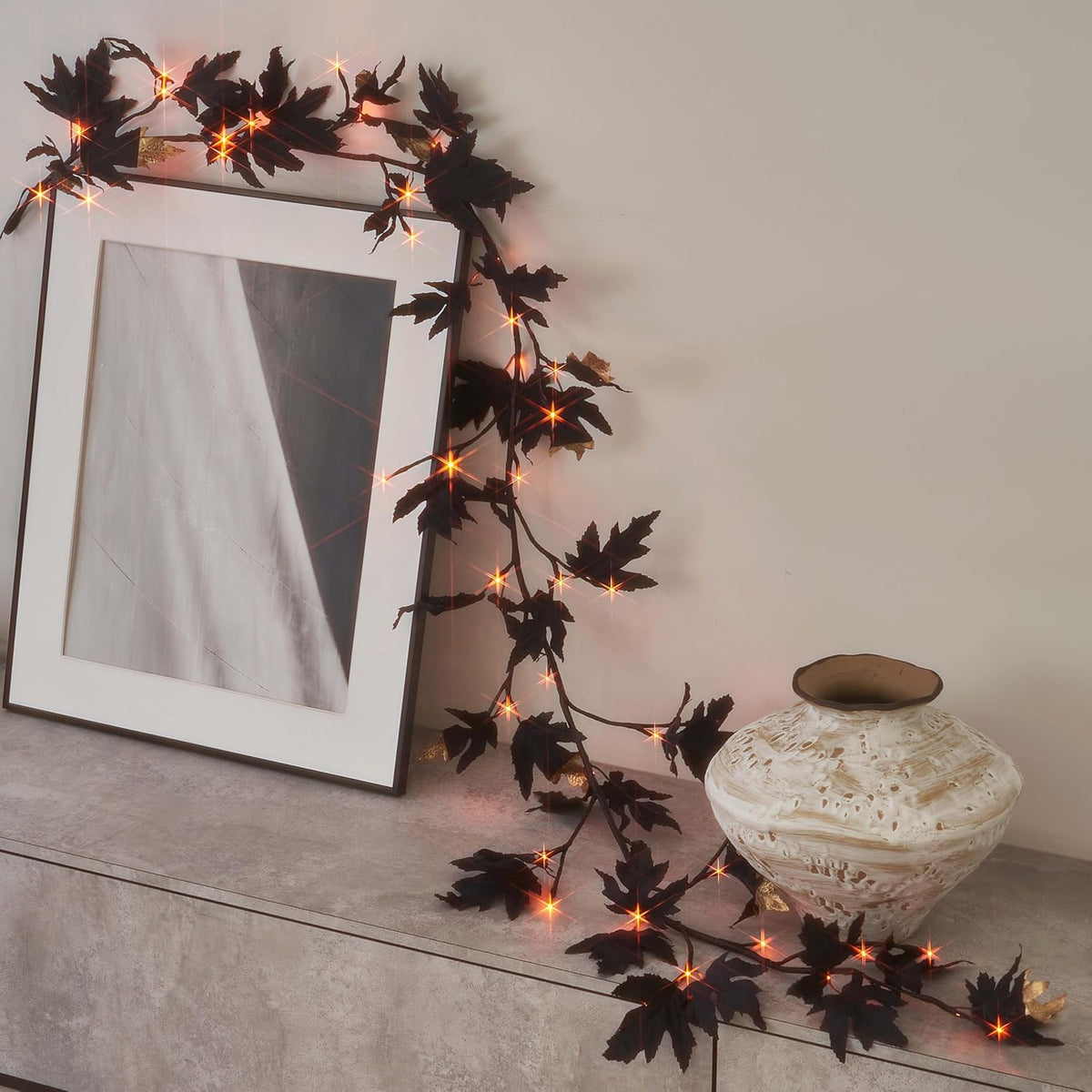 Birchlitland Halloween Black Maple Garland with Lights Timer 48 LED Orange and Warm White Fairy