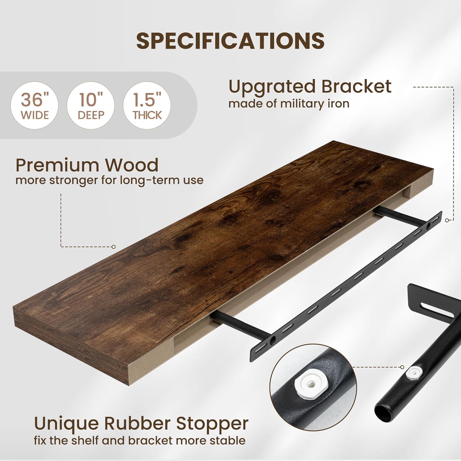 Fun Memories Floating Shelves for Wall 36 Inches, Wood Shelves with Invisible Bracket, 10" Deep