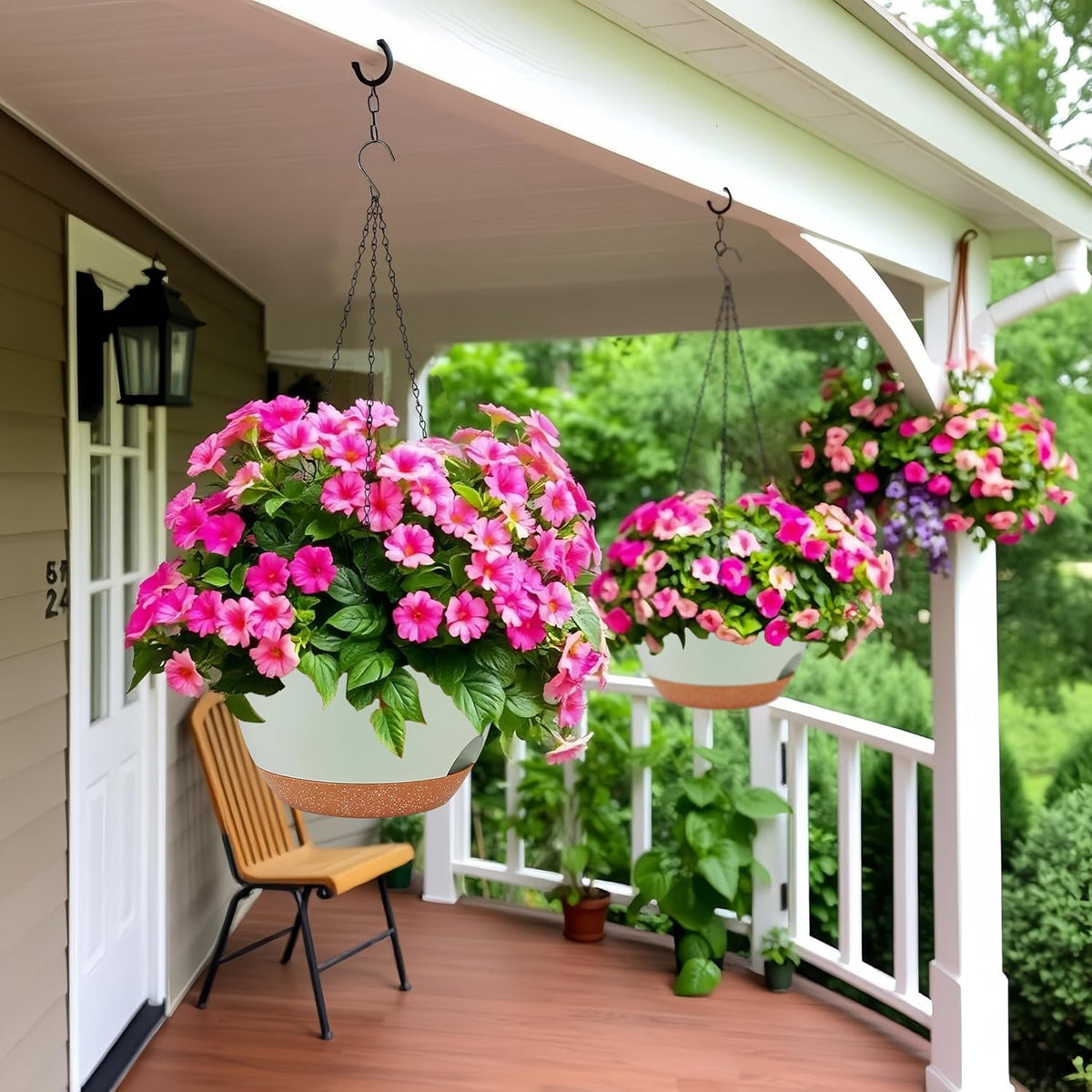 2 Pack 12 Inch Large Hanging Planters with Chains Self Watering Green Brown Plastic Hanging Pots