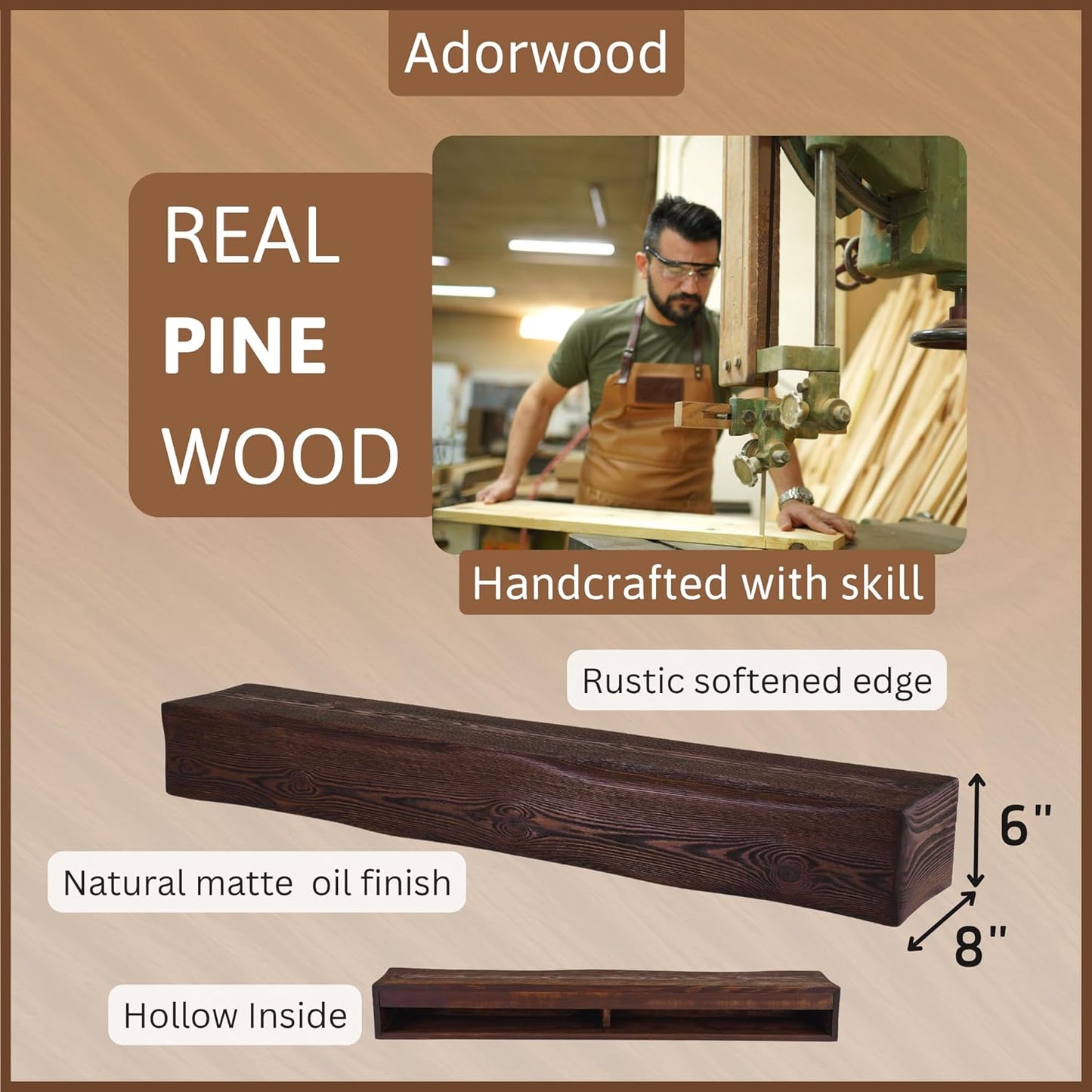 Handmade Fireplace Mantel Shelf, Extra Wide Rustic Wood Mantles for Over Fireplace, Wall Mounted