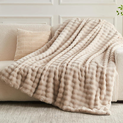 NEWCOSPLAY Faux Fur Twin Blanket Linen Bubble Blanket Thick Warm Soft for Couch Sofa Bed 550GSM