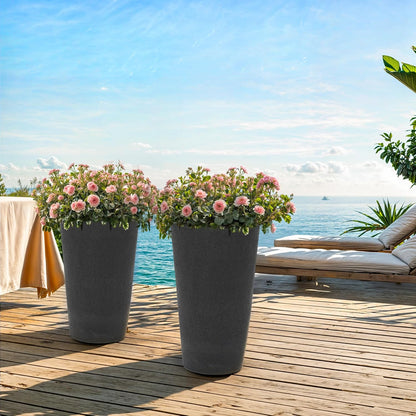 24" Tall Planters for Outdoor Plants, Set of 2 Heavy-Duty Resin Flower Pots, Matte Black Leather