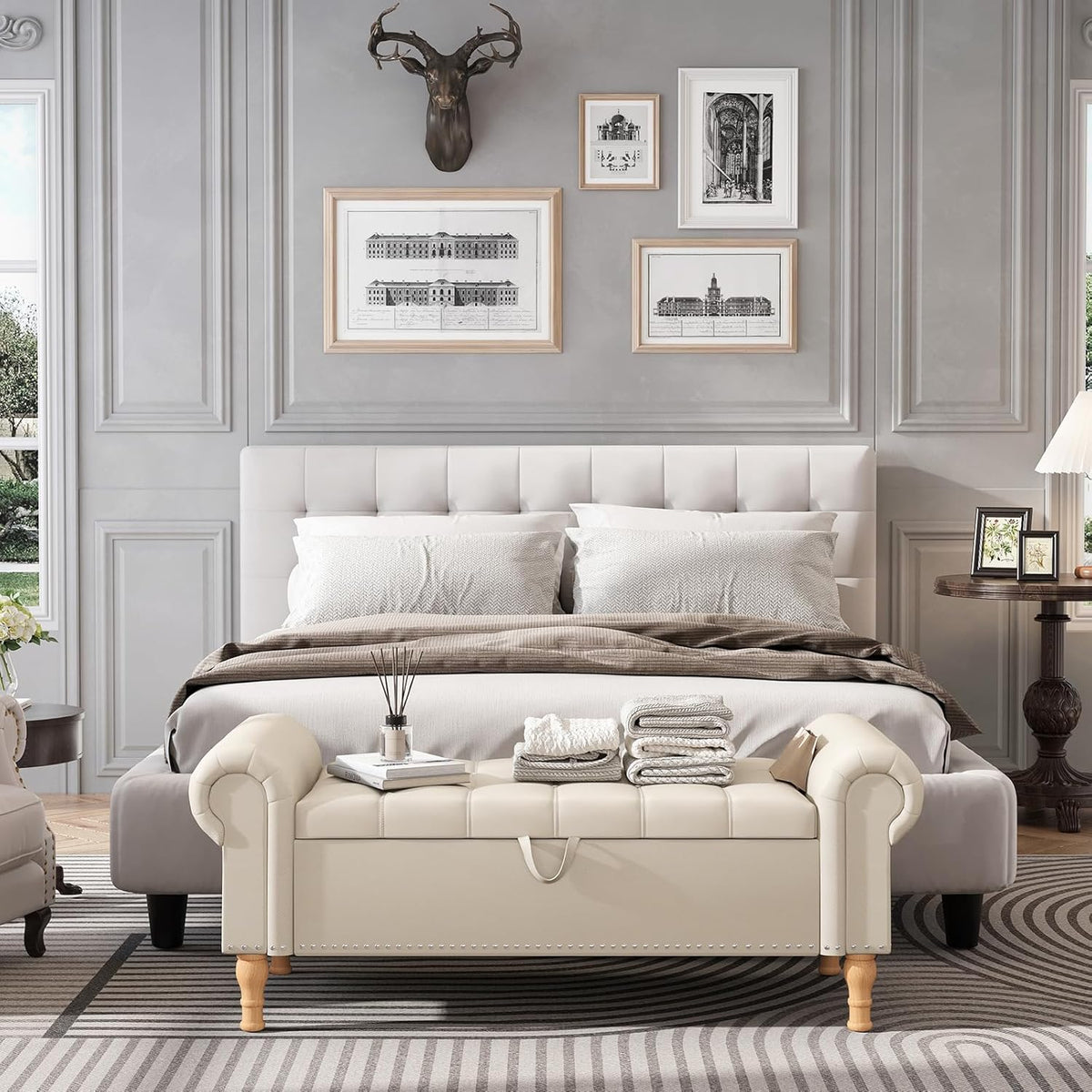 Apicizon 51”Storage Ottoman Bench, Soft Faux Leather Indoor Bench with Rolled Arm and Vintage