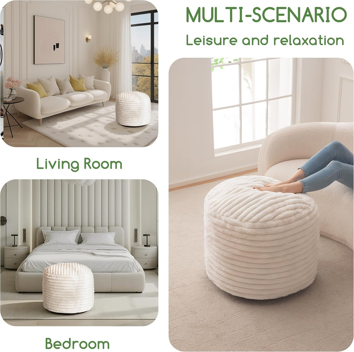 HIGOGOGO Round Stuffed Pouf Ottoman, Stripe Faux Fur Poufs with Foam Chunk Filling, Furry and