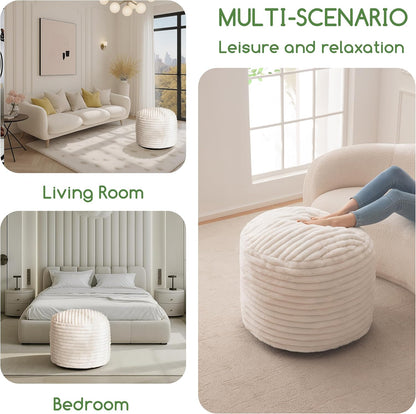 HIGOGOGO Round Stuffed Pouf Ottoman, Stripe Faux Fur Poufs with Foam Chunk Filling, Furry and