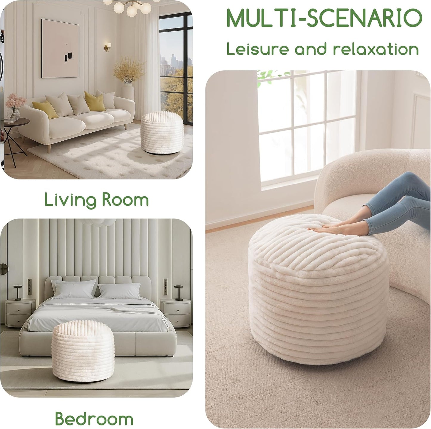HIGOGOGO Round Stuffed Pouf Ottoman, Stripe Faux Fur Poufs with Foam Chunk Filling, Furry and