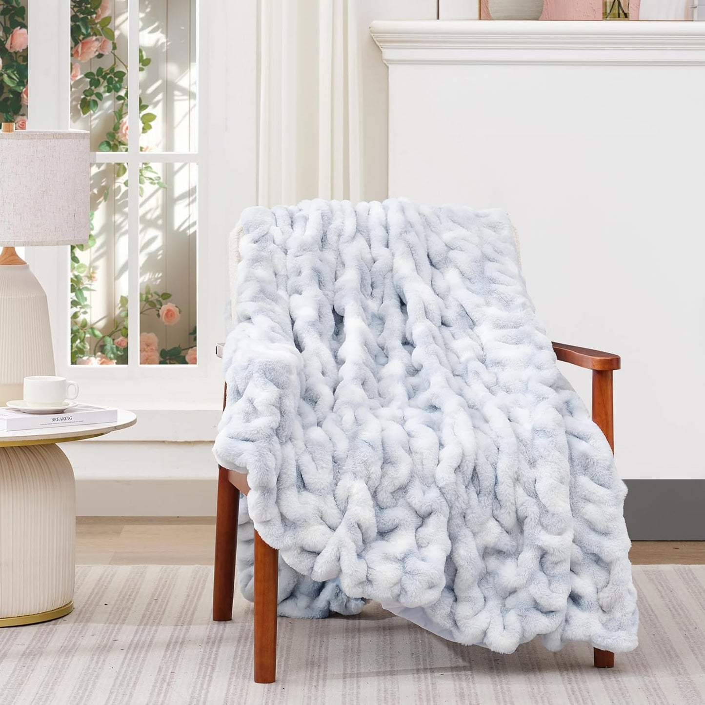 Touchat Ruched Faux Rabbit Fur Blanket, 700 GSM Luxury Dual-Sided Soft Cozy Blanket, Fuzzy Fluffy