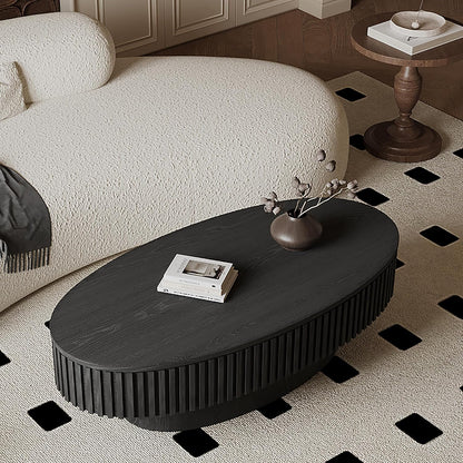 47.2''Oval Coffee Table with Storage, Mid Century Modern Fluted Drum Center Tables with Lid, Solid